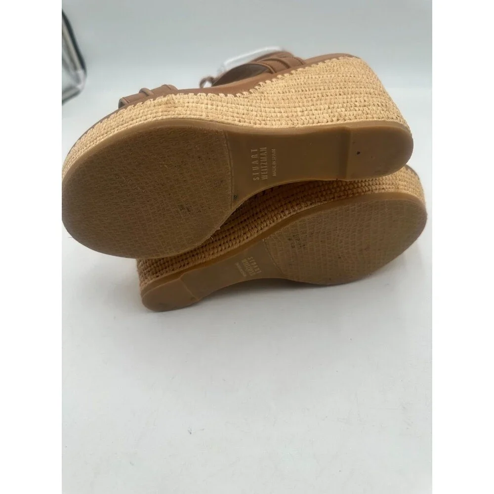 Stuart Weitzman Abandon Tan Leather Lace Up Espadrille Raffia Wedge Size 11M